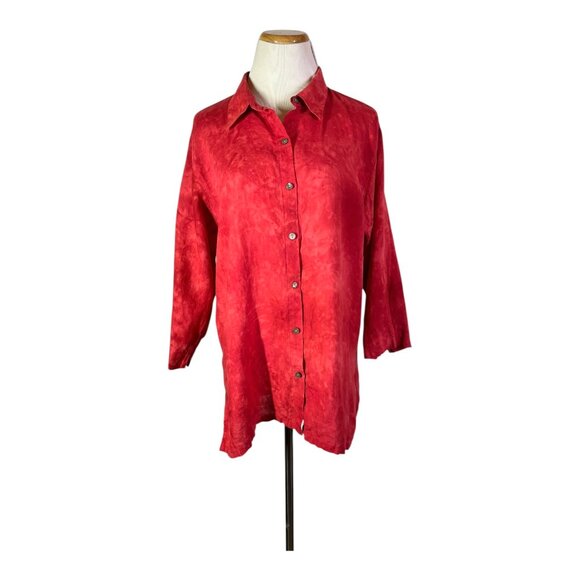Chico's Design Size 2 (L) Mottled Red Button-Up Shirt 3/4 Sleeves - Picture 1 of 9